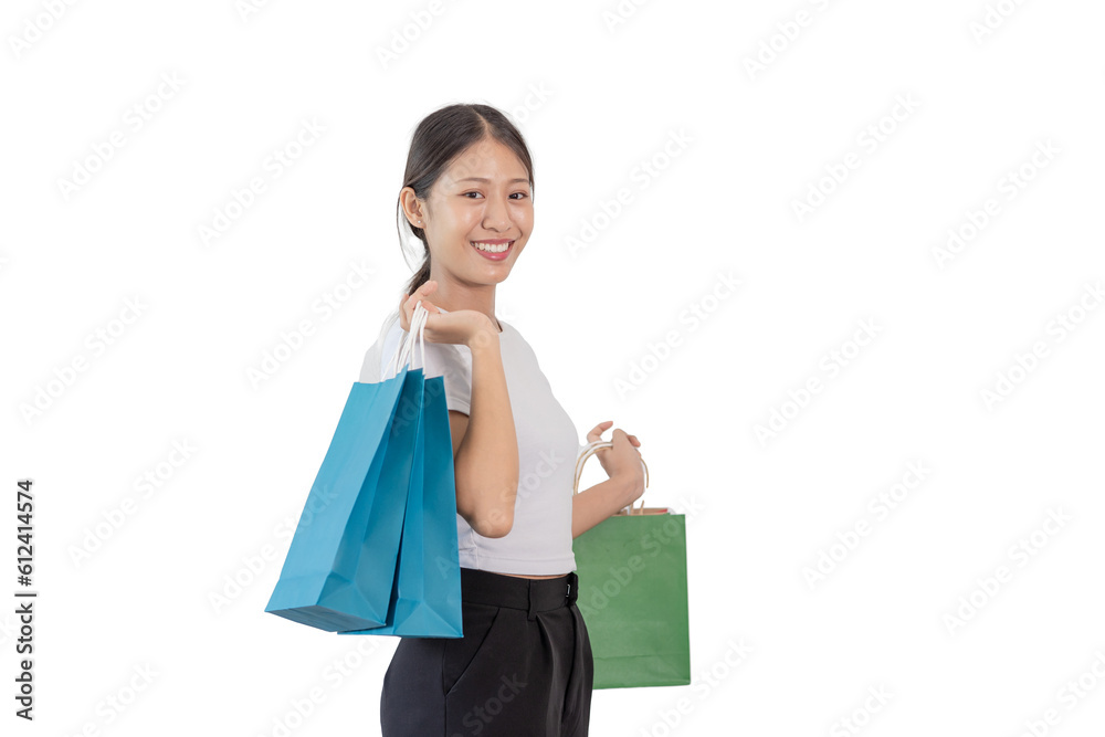 Portrait of beautiful smiling Asian woman in white shirt holding shopping bags posing on white background. Portrait of beautiful smiling Asian woman in white shirt holding shopping bags posing on white background.