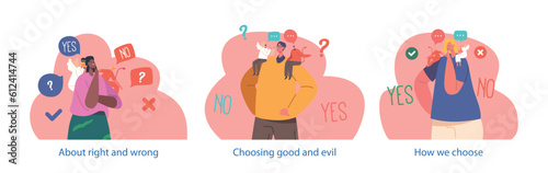 Internal Struggle Depicted By People With Angel And Demon On Shoulders, Symbolizing The Dilemma Of Making A Choice