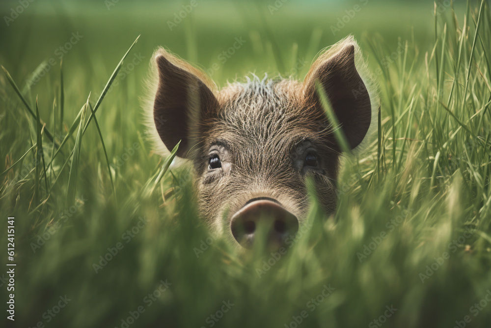 Cute boar peeks out of the grass. Beautiful natural animal portrait made with generative AI. Cute boar peeks out of the grass. Beautiful natural animal portrait made with generative AI.