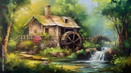 Photo Digital oil painting of nostalgic watermill in the greenery