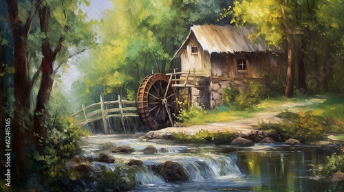 Digital oil painting of nostalgic watermill in the greenery. Beautiful natural image for poster, card, art print. Generative AI.