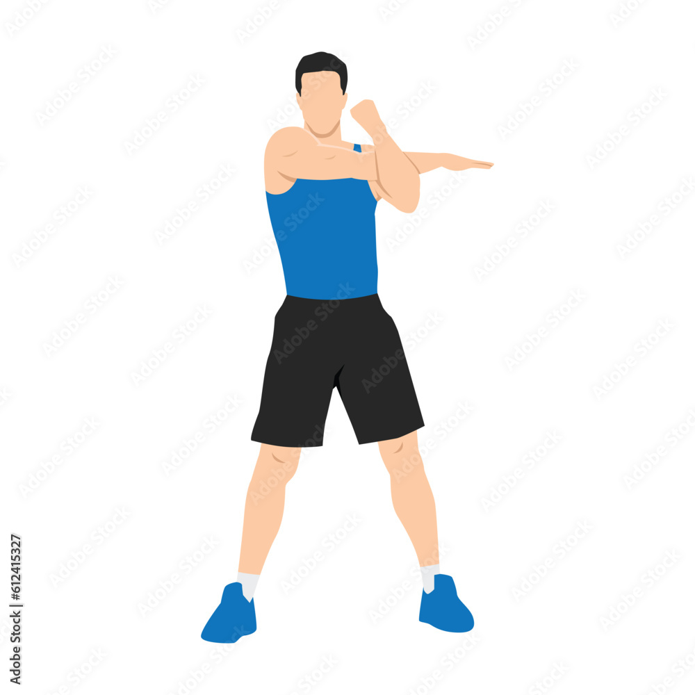 Man doing Standing cross body arm. Shoulder stretch exercise. Flat vector illustration isolated on white background Man doing Standing cross body arm. Shoulder stretch exercise. Flat vector illustration isolated on white background