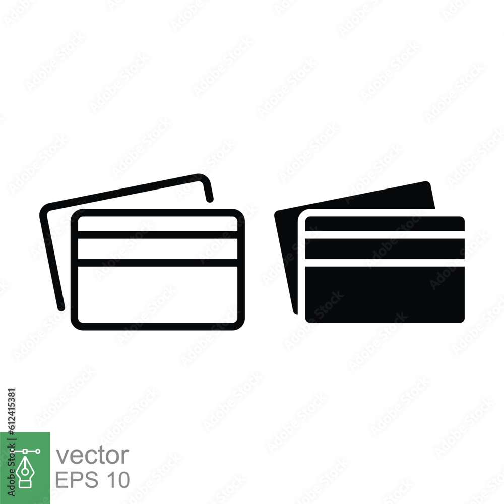 Credit card icon. Simple outline and solid style. Two cards on top of each other, debit, bank, payment concept. Thin line, glyph symbol. Vector illustration isolated on white background. EPS 10. Credit card icon. Simple outline and solid style. Two cards on top of each other, debit, bank, payment concept. Thin line, glyph symbol. Vector illustration isolated on white background. EPS 10.