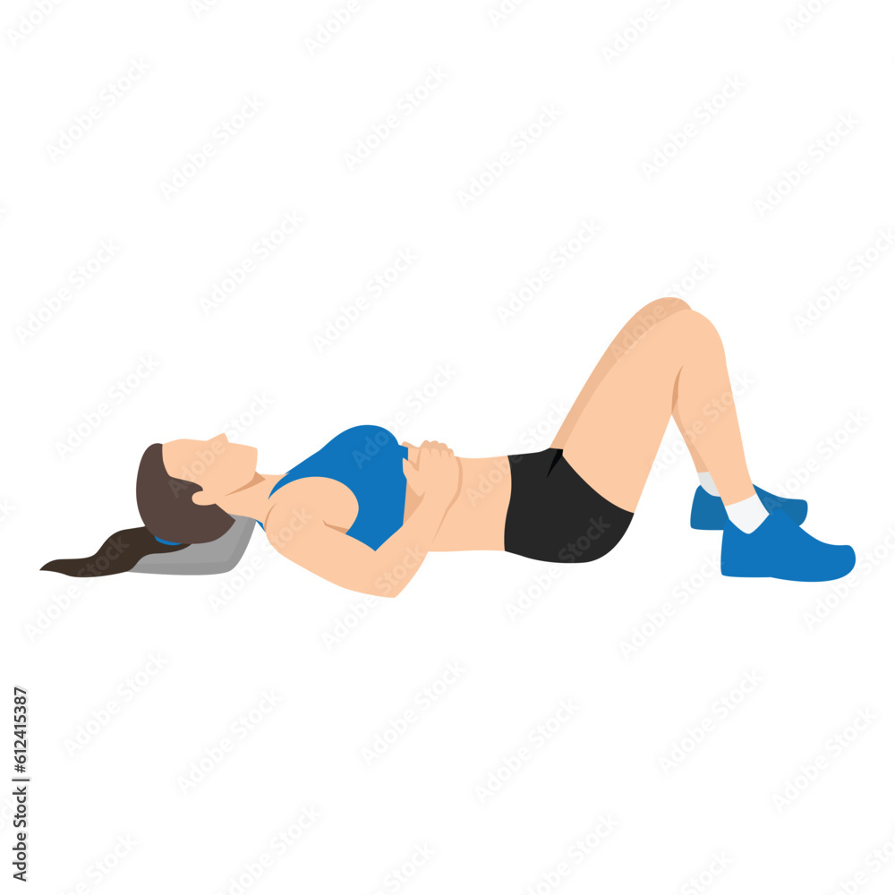 Woman doing semi supine laying down or constructive rest position exercise. Flat vector illustration isolated on white background Woman doing semi supine laying down or constructive rest position exercise. Flat vector illustration isolated on white background