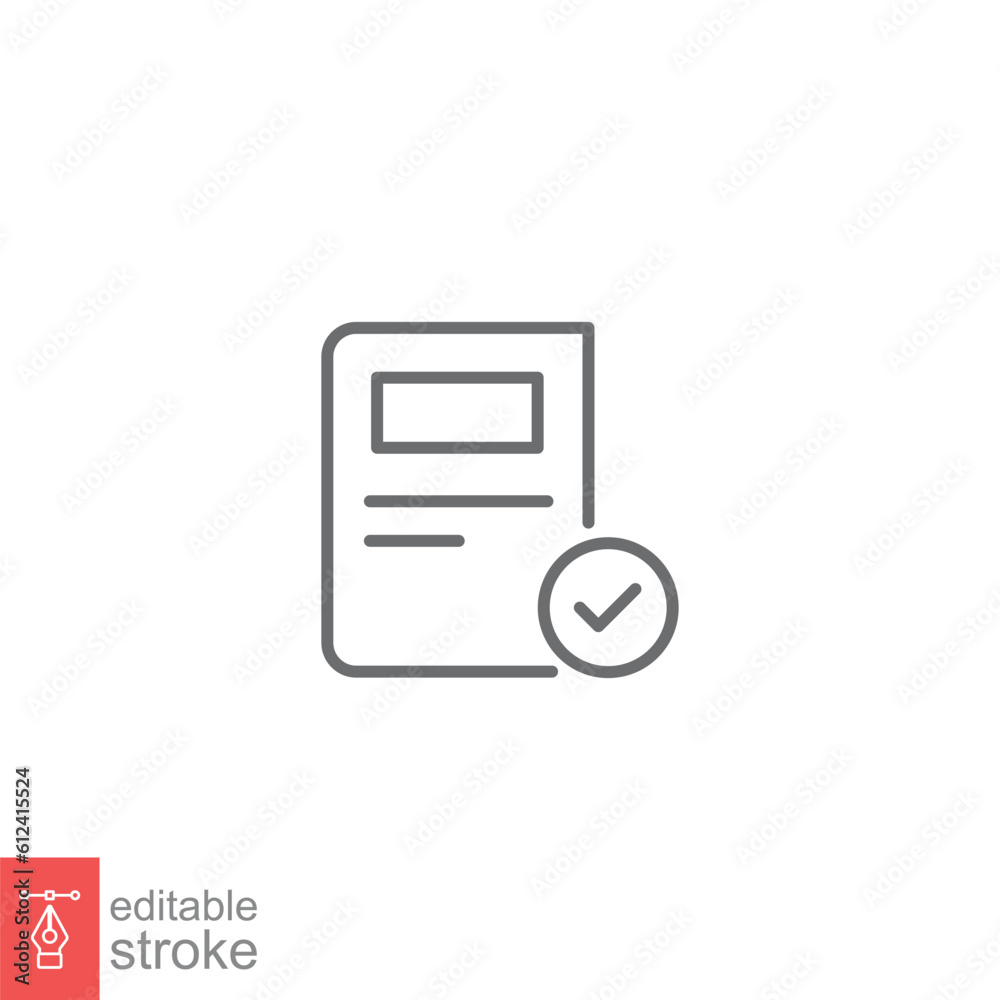 Book check mark icon. Simple outline style. Learning, knowledge, library, checkmark, education concept. Thin line symbol. Vector illustration isolated on white background. Editable stroke EPS 10. Book check mark icon. Simple outline style. Learning, knowledge, library, checkmark, education concept. Thin line symbol. Vector illustration isolated on white background. Editable stroke EPS 10.
