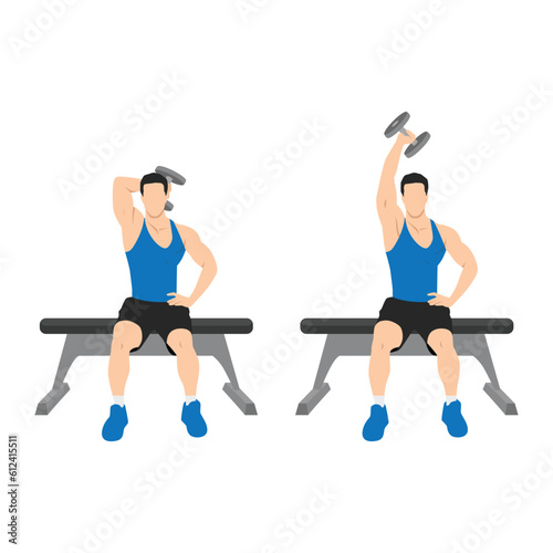 Man doing Seated Single arm overhead dumbbell tricep extensions exercise. Flat vector illustration isolated on white background
