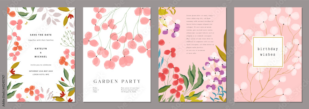 Universal art templates with floral elements. For poster, Birthday, Wedding and party invitation, greeting and business card, flyer, banner, email header, advertising, events and page cover.