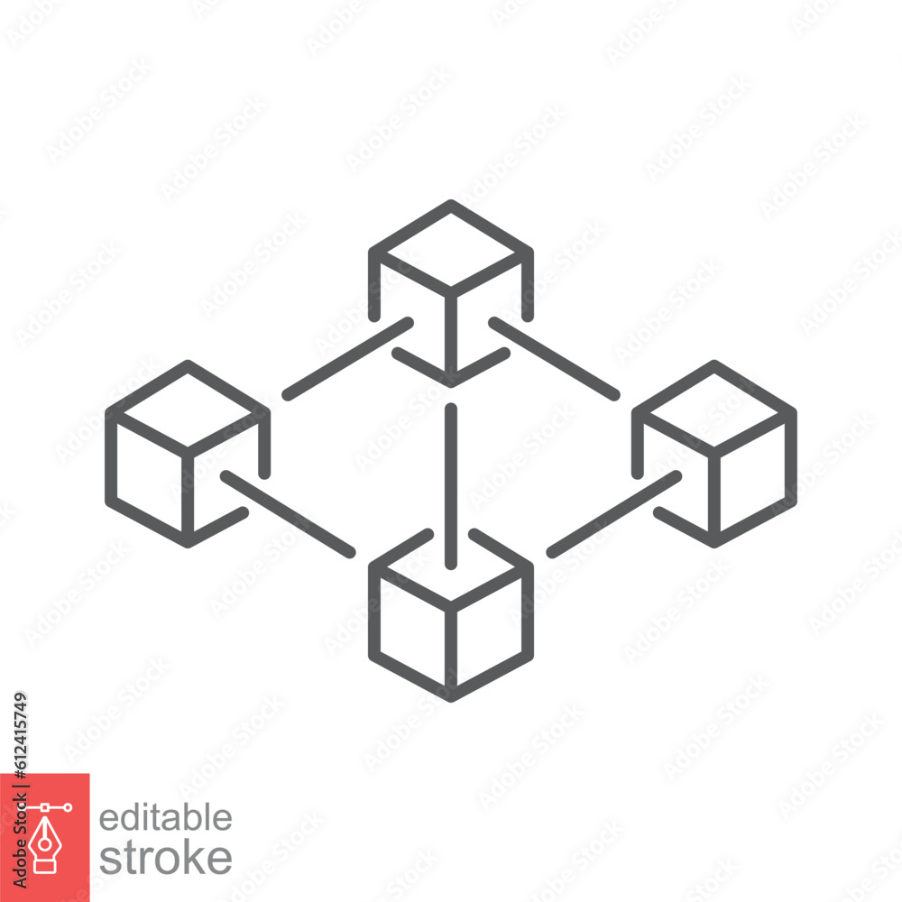 Blockchain structure icon. Simple outline style. 3d cube, square, transaction network, technology concept. Thin line symbol. Vector illustration isolated on white background. Editable stroke EPS 10. Blockchain structure icon. Simple outline style. 3d cube, square, transaction network, technology concept. Thin line symbol. Vector illustration isolated on white background. Editable stroke EPS 10.