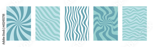 Set of abstract groovy hippie backgrounds in blue colors. Distorted and twisted texture in trendy retro psychedelic style.