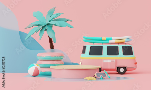 Summer vacation beach abstract background concept, Minimal Realistic Display Podium for Product mock-up or Cosmetics with summer pink theme, beach umbrella, chairs, inflatable ring. 3d rendering