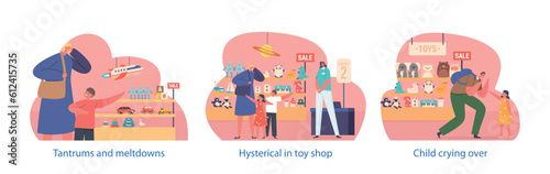 Isolated Vector Elements with Hysterical Children In A Store Pleading Their Parents To Buy Toys. Chaotic Scenes