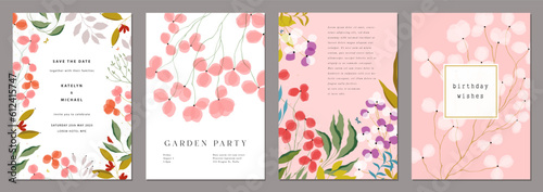 Universal art templates with floral elements. For poster, Birthday, Wedding and party invitation, greeting and business card, flyer, banner, email header, advertising, events and page cover.