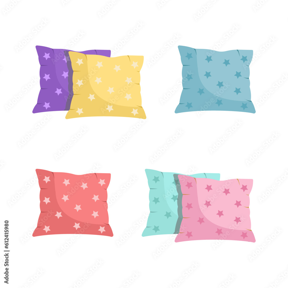 Pillow set with decorative pattern, flat cartoon style. interior textile. Funny and cute decorative pillows for sofa, for bed. Сlassic feather, bamboo eco fabric. Isolated on white vector illustration