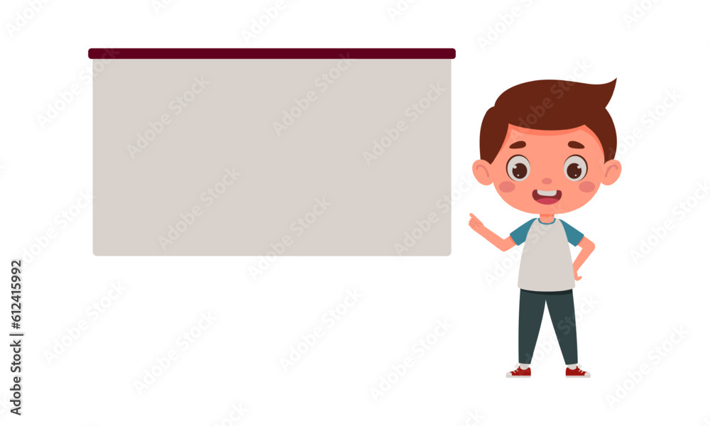 Cute little boy points his finger at the empty board. Template for children design. Cartoon schoolboy character. Vector illustration