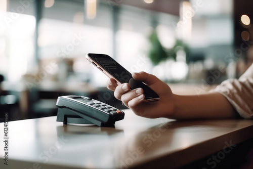 Customer using smartphone for payment at the store, cafe, restaurant. Cashless, contactless technology and money transfer concept