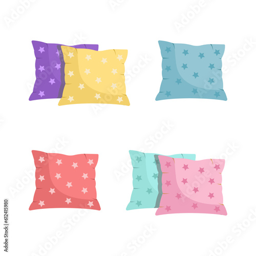 Obraz na płótnie Pillow set with decorative pattern, flat cartoon style. interior textile. Funny and cute decorative pillows for sofa, for bed. Сlassic feather, bamboo eco fabric. Isolated on white vector illustration w salonie