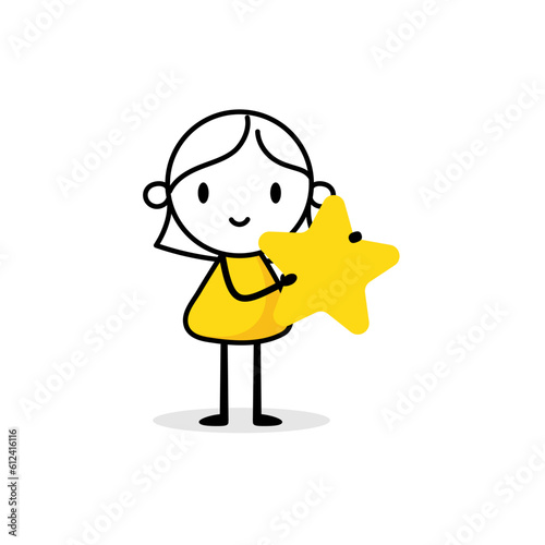 Comic woman character holds a star in her hands. Customer reviews, feedback, evaluation, rate the service concept. Vector stock illustration