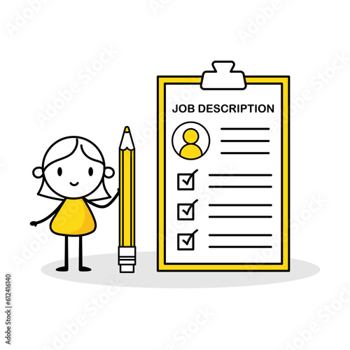 Comic employer woman holds a pencil and writing job description document. Hand drawn doodle girl. Job description, qualification and requirement for job position concept. Vector stock illustration