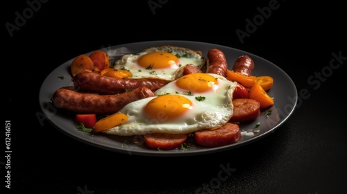 Fried Eggs with Sausages , Delicious Scrambled Eggs Isolated on Dark Background, Ai Generated Art.