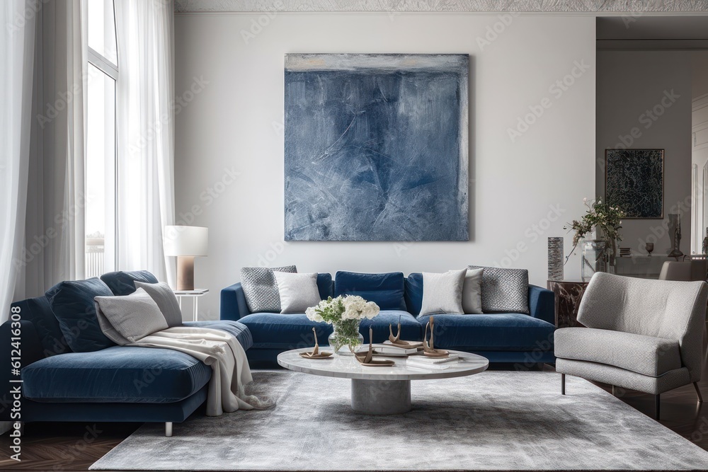 Close up details of a sleek, contemporary living room sofa, couch, pillows and accent mirror