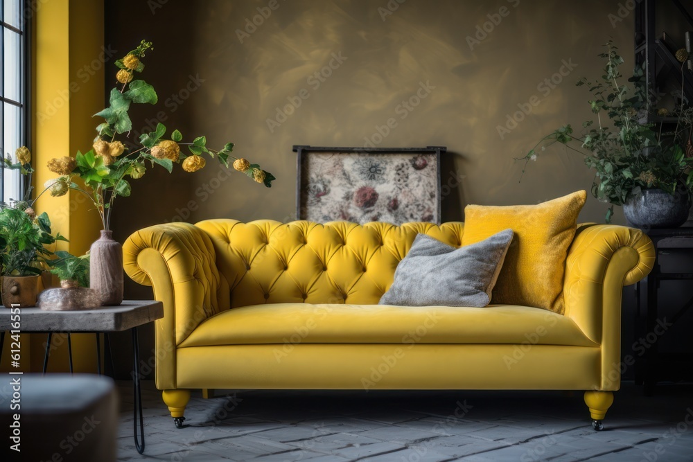 Close up details of a sleek, contemporary living room sofa, couch, pillows and accent mirror Close up details of a sleek, contemporary living room sofa, couch, pillows and accent mirror