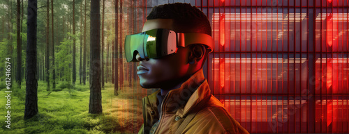 Man entering virtual forest using AR goggles by generative AI
