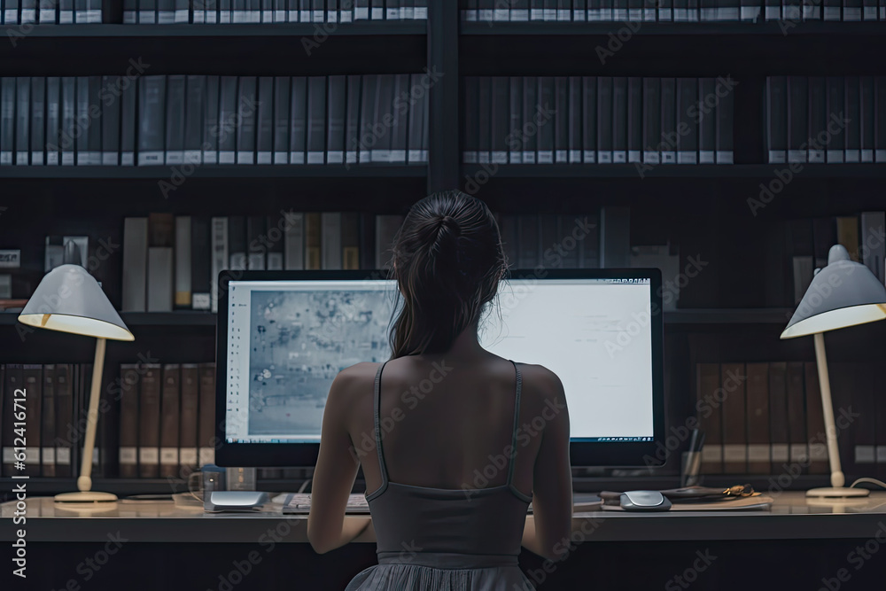 Young woman alone working late in the night at the library with her laptop. Generative AI Young woman alone working late in the night at the library with her laptop. Generative AI