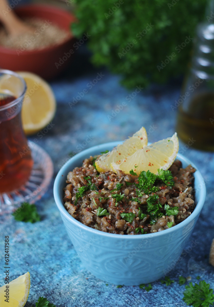 Baba ghanoush, a traditional Syrian dish Baba ghanoush, a traditional Syrian dish