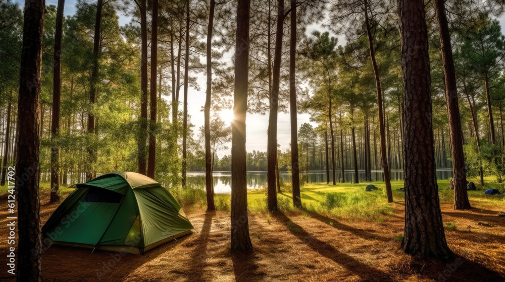 Camping tent under the pine forest near the lake at morning sunrise. Generative AI