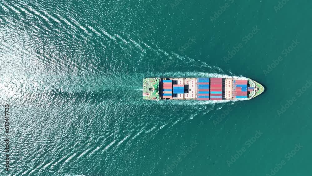 Cargo container Ship, cargo maritime ship with contrail in the ocean ship carrying container and running for export  concept technology freight shipping sea freight by Express Ship. top view 