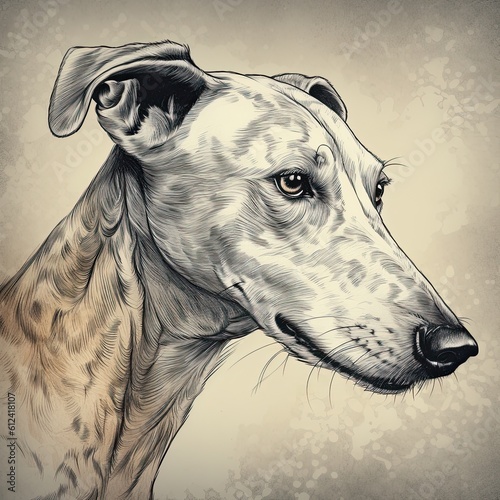 Illustration of a drawing of a greyhound in light gray and beige tones  hand-painted details. Generative AI