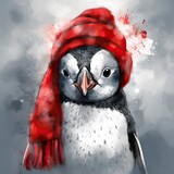 A cute penguin with a hat and scarf, in a cartoon style, red and gray. Generative AI