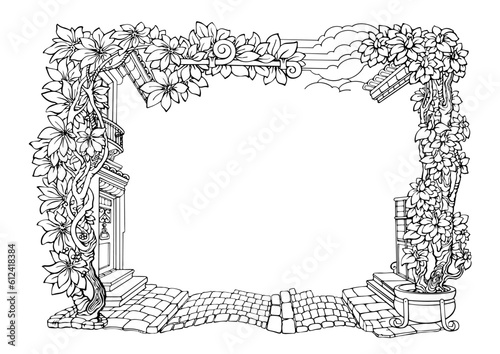 Botanical border with tropical plants. Outline floral frame. Vector
