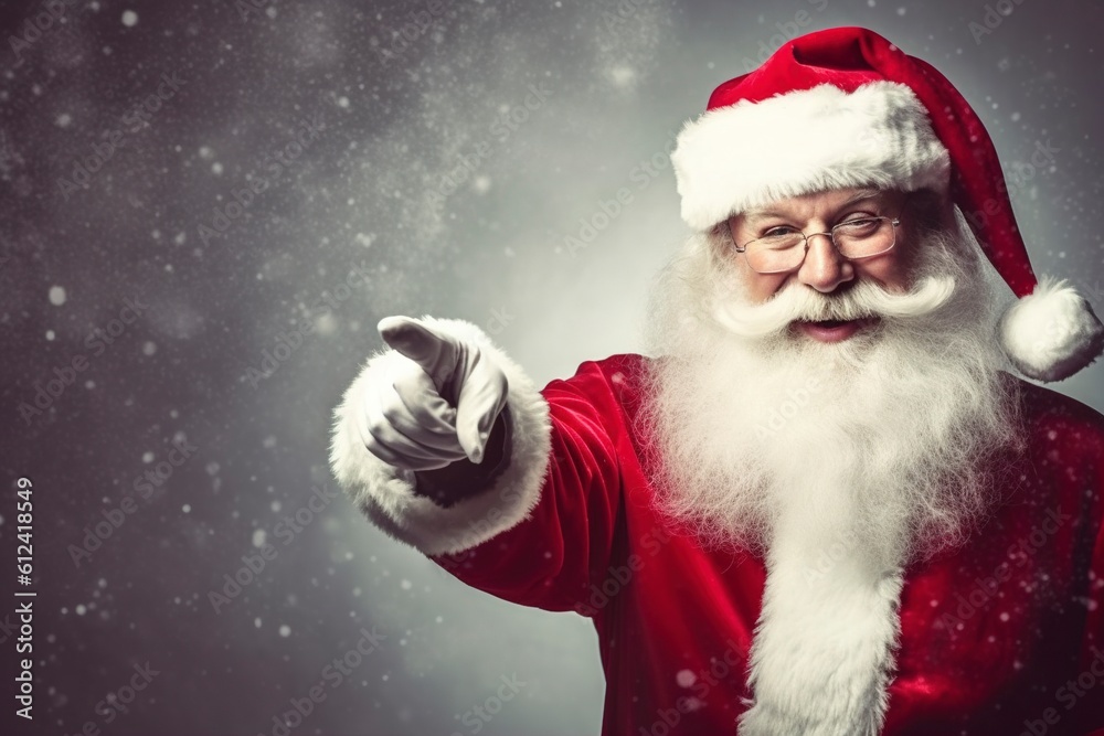 Capture the joy of the holiday season with Santa Claus, as he points and smiles. AI Generated.