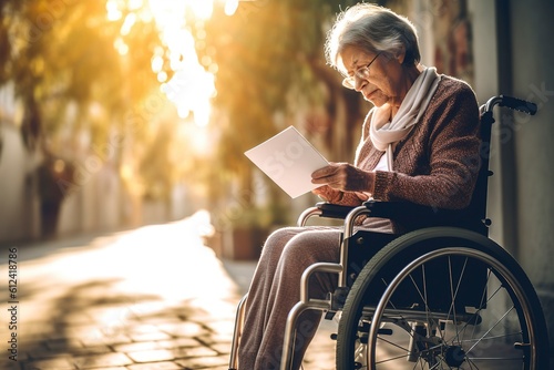 Woman in a wheelchair reads a document when leaving the hospital, invoice. Ai generated.