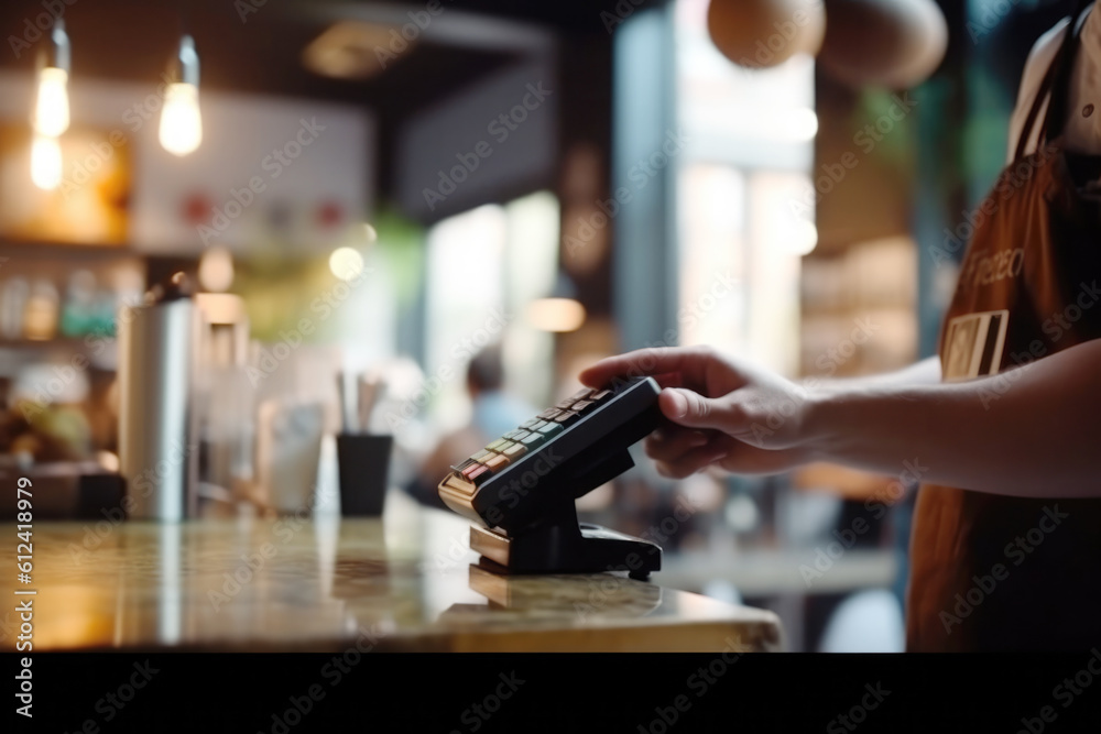 Close up of a waiter hand holding payment terminal in the coffee shop, blurred background. Cashless, contactless technology and money transfer concept