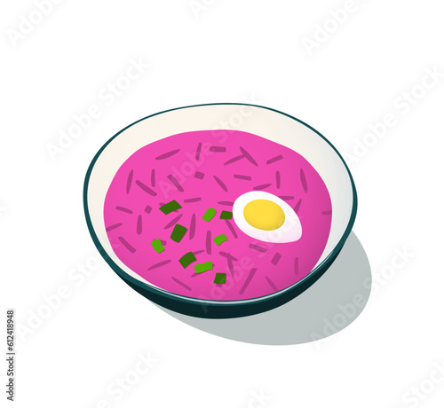 Cold beet soup vector illustration. Traditional summer dish. Polish, Lithuanian, Latvian, Belarusian national cuisine.