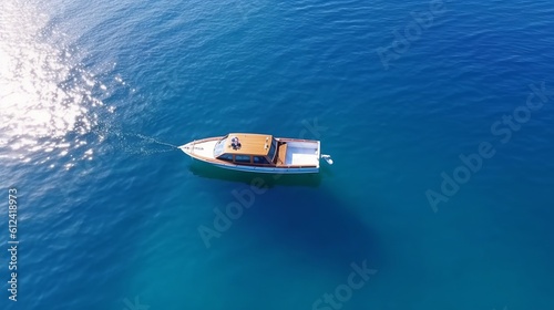 Aerial view of floating boat on blue Adriatic sea at sunny day. Fast boat on the sea surface. Seascape from drone. Travel video generative ai © Chingiz