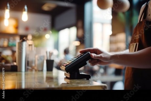 Close up of a waiter hand holding payment terminal in the coffee shop  blurred background. Cashless  contactless technology and money transfer concept