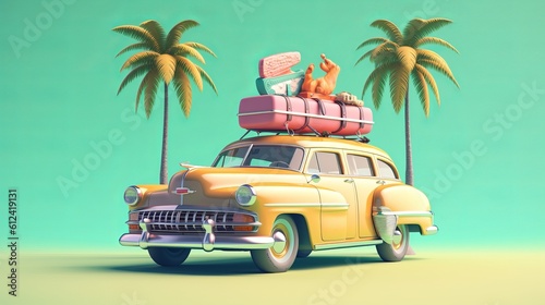 Funny retro car with surfboard, suitcases and palms. Unusual summer travel 3d illustration. Summer vacation concept  generative ai © Chingiz