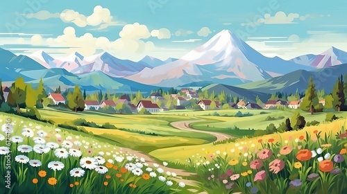 Nature. Cute illustration of landscape, village, countryside, meadow, field of flowers and mountains for poster, background or cover generative ai
