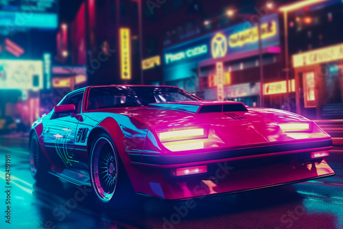 Retro Nights: Classic Sports Car Illuminates Miami Street in Retrowave Style, Generative AI © PaputekWallArt