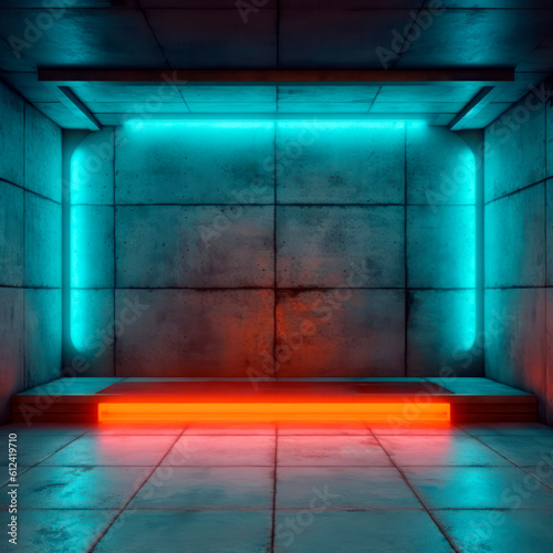 Futuristic Sci Fi neon glowing blue concrete walls hall room scene stage empty room interior. Ai generative illustration © peshkova