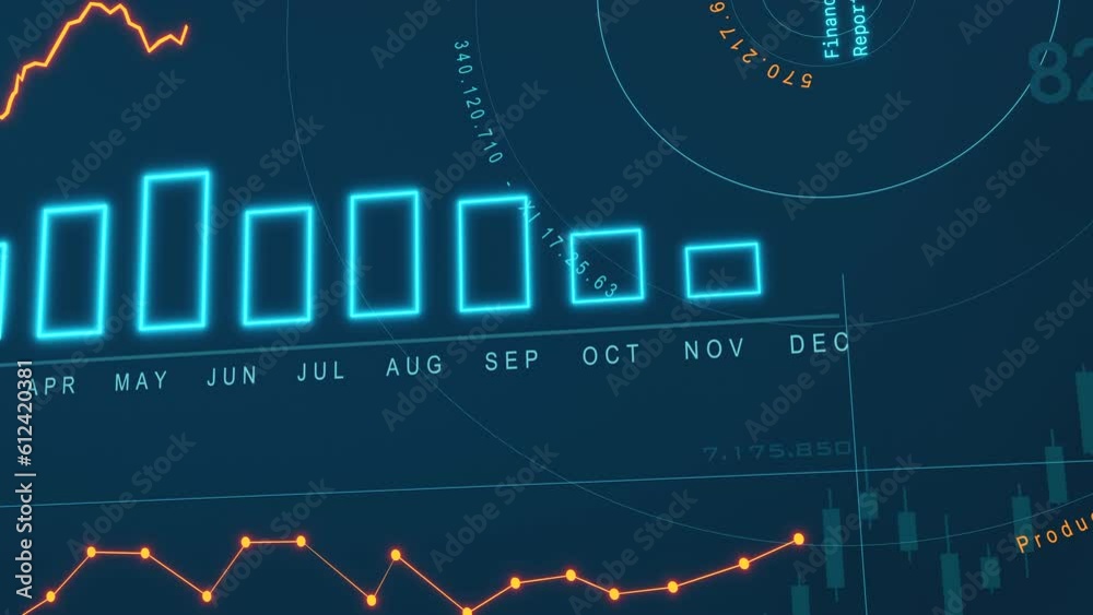 Bar graph moving up. Positive bar chart in blue, rising line in orange. Business, financial figures, analyzing, growth, market research, stock market and exchange. Abstract financial concept.