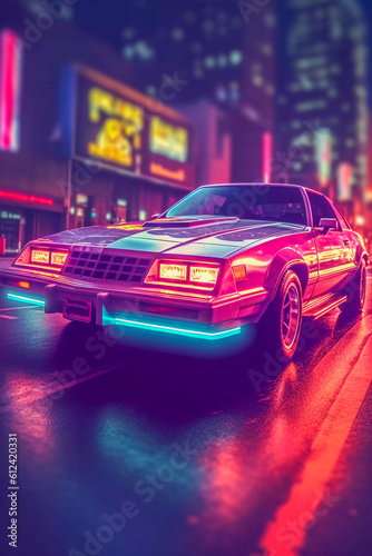 Retro Nights: Classic Sports Car Illuminates Miami Street in Retrowave Style, Generative AI