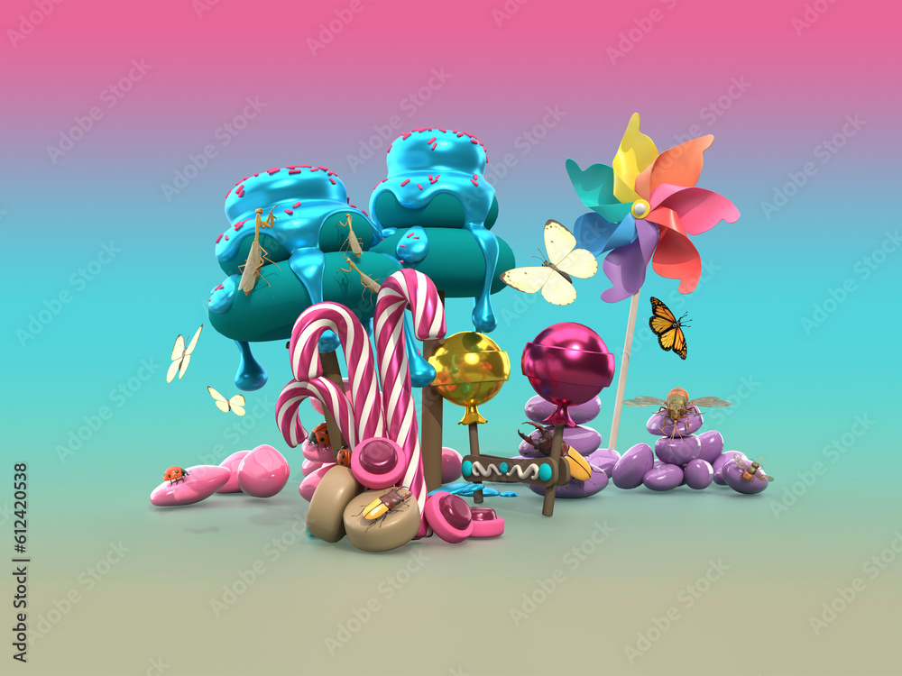 Candy land scene with butterflies, insects in cute colours. Save the insects, respect nature.