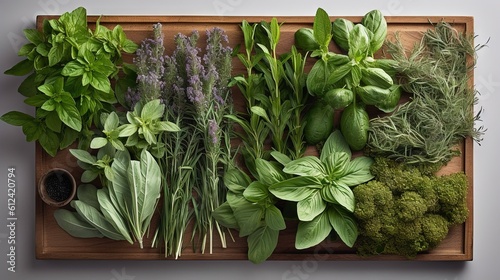 Fotografia a variety of herbs on a cutting board with a mortar and a bowl of pesto on the side of the board, with a spoon and a cup of pesto on the side
