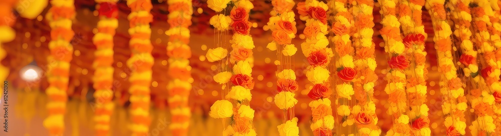 fresh and blossom marigold flower garland wallpaper for seasonal decorations generative ai fresh and blossom marigold flower garland wallpaper for seasonal decorations generative ai
