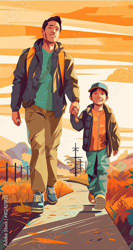 Father and son holding hand walking together happily. Created with Generative AI technology. 