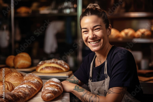 Murais de parede Happy small bakery shop owner, smiling proudly at her store